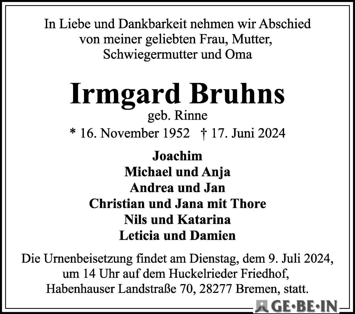 Traueranzeige von Irmgard Bruhns von WESER-KURIER