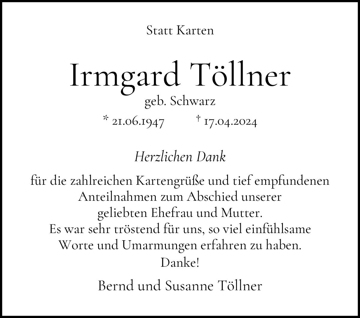 Traueranzeige von Irmgard Töllner von WESER-KURIER