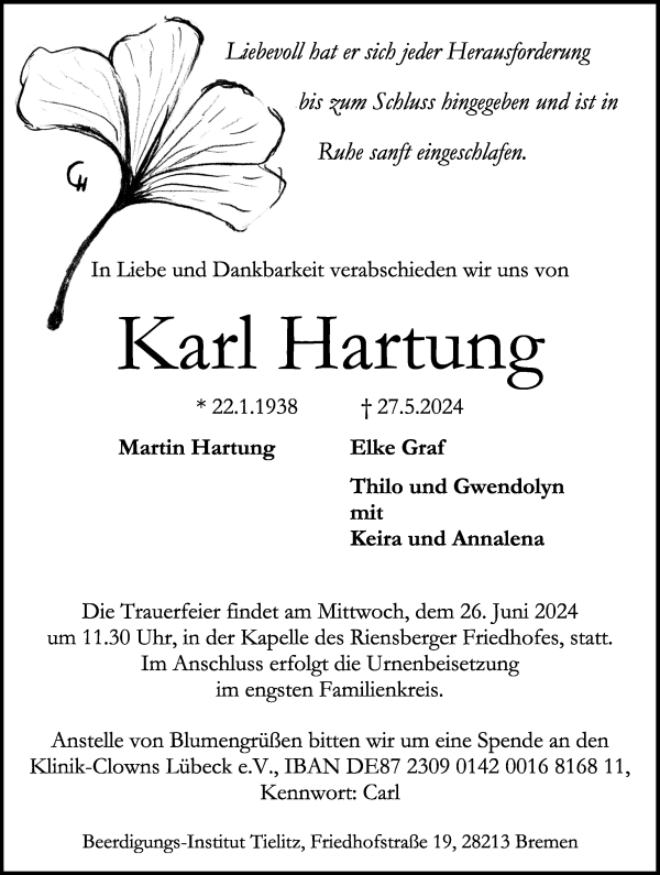 Traueranzeige von Karl Hartung von WESER-KURIER
