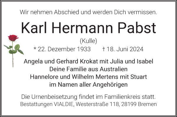 Traueranzeige von Karl Hermann Pabst von WESER-KURIER