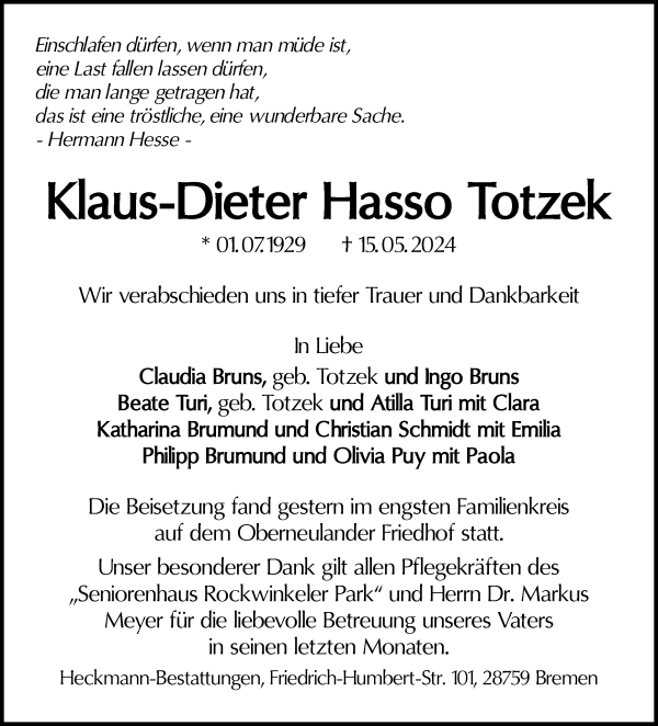 Traueranzeige von Klaus-Dieter Hasso Totzek von WESER-KURIER
