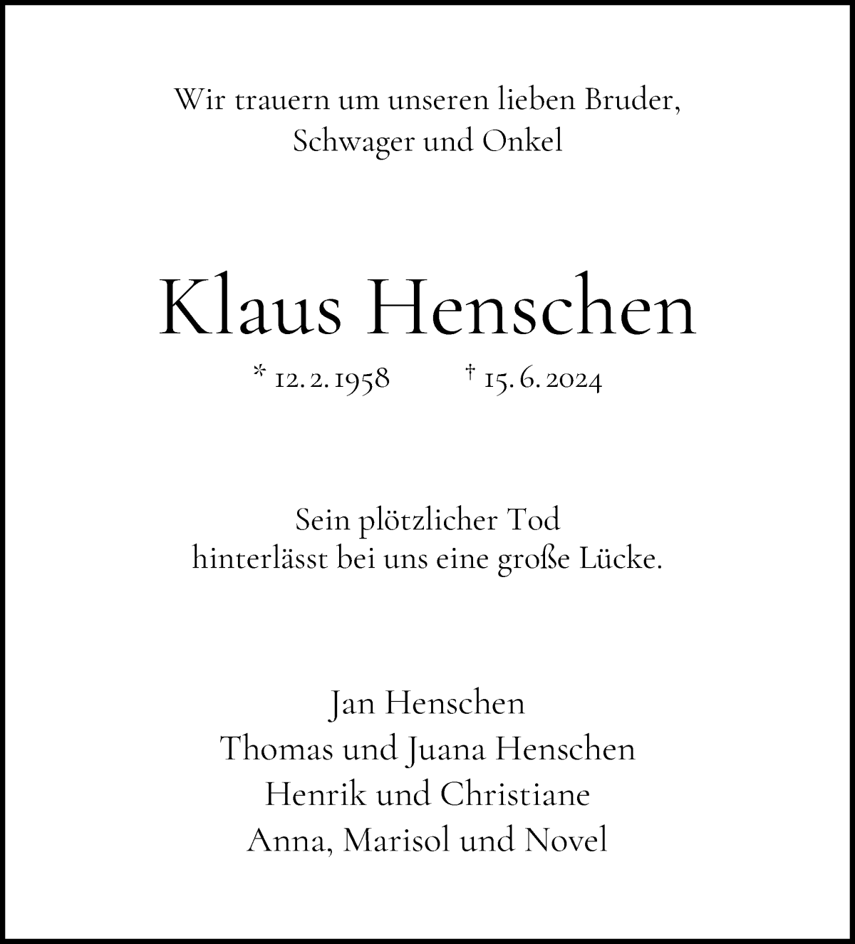 Traueranzeige von Klaus Henschen von WESER-KURIER