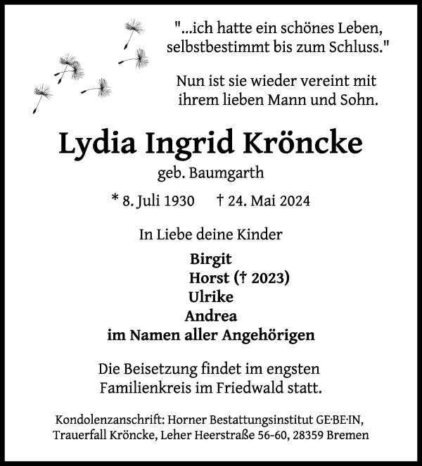 Traueranzeige von Lyidia Ingrid Kröncke von WESER-KURIER