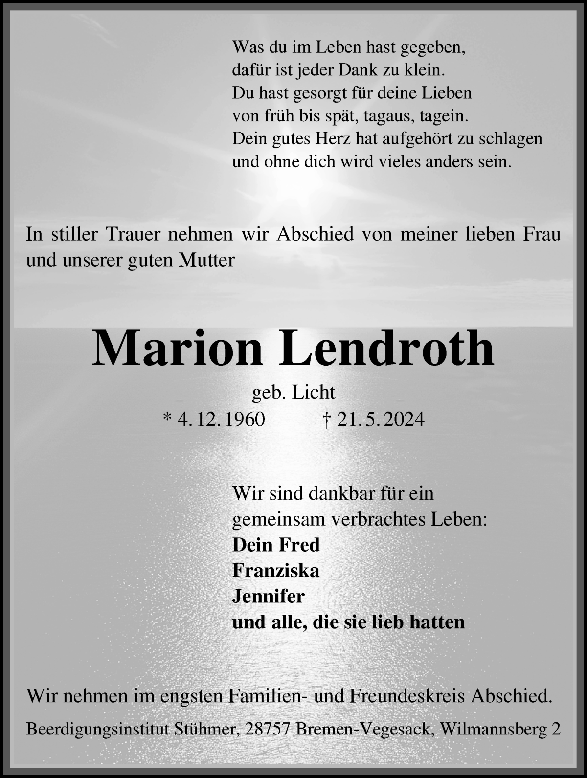  Traueranzeige für Marion Lendroth vom 01.06.2024 aus Die Norddeutsche