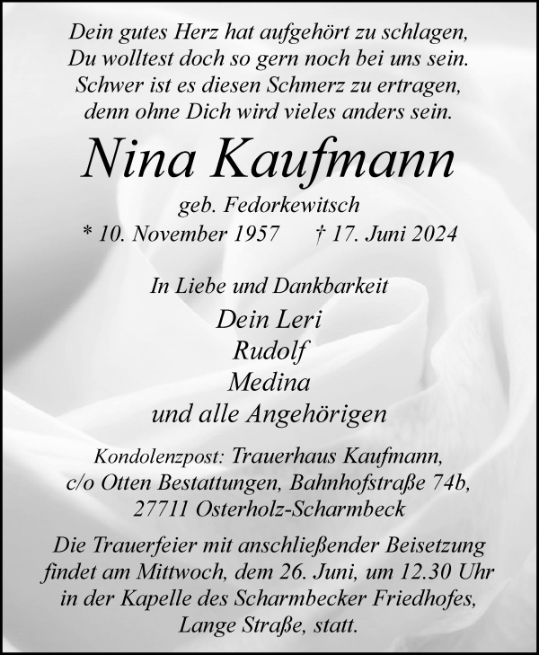 Traueranzeige von Nina Kaufmann von Osterholzer Kreisblatt