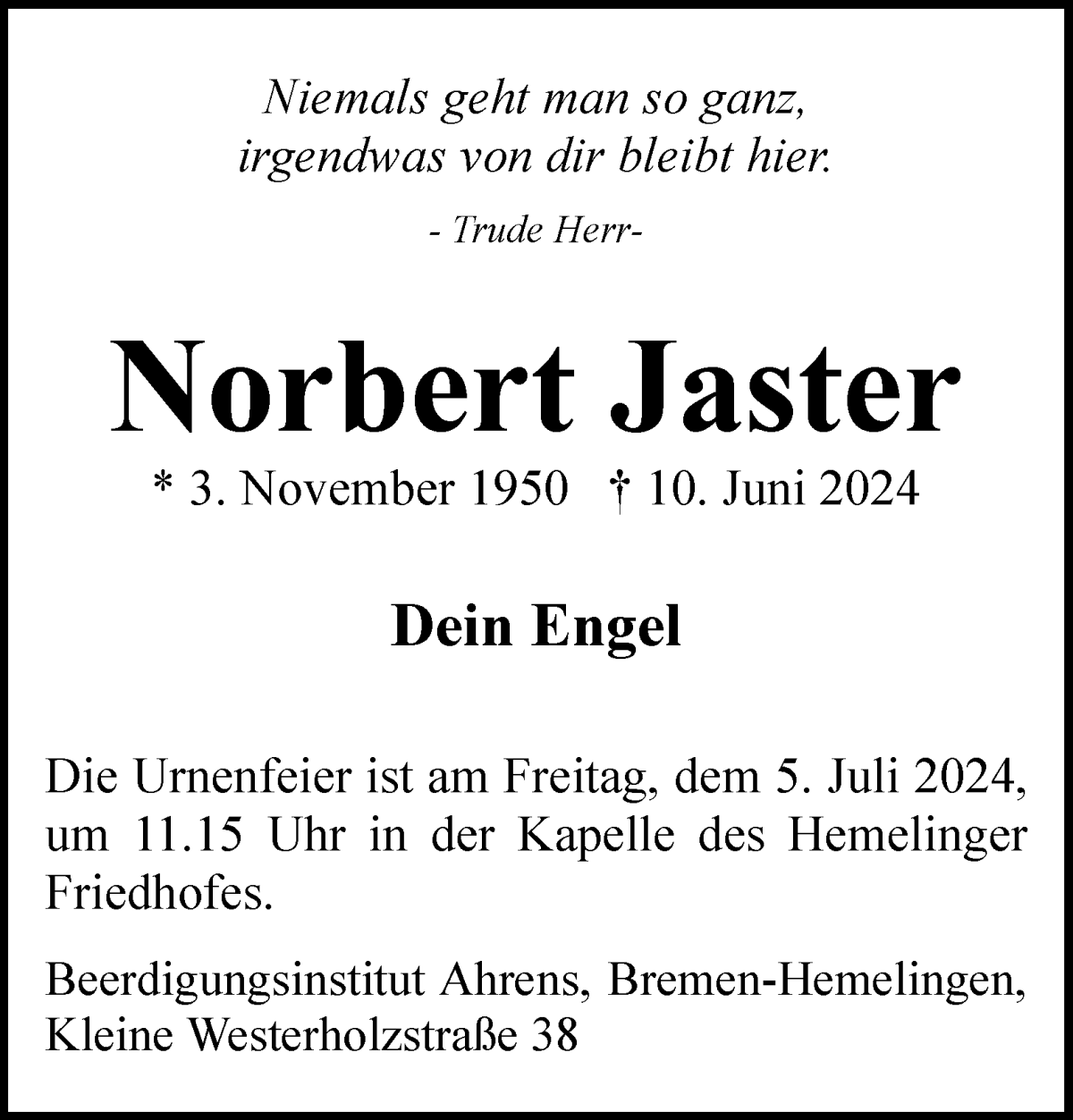 Traueranzeige von Norbert Jaster von WESER-KURIER