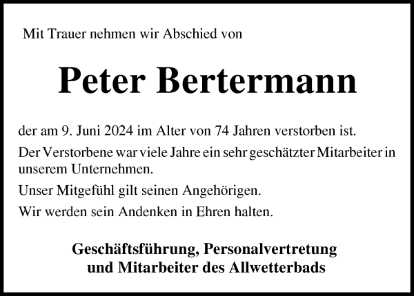 Traueranzeige von Peter Bertermann von Osterholzer Kreisblatt