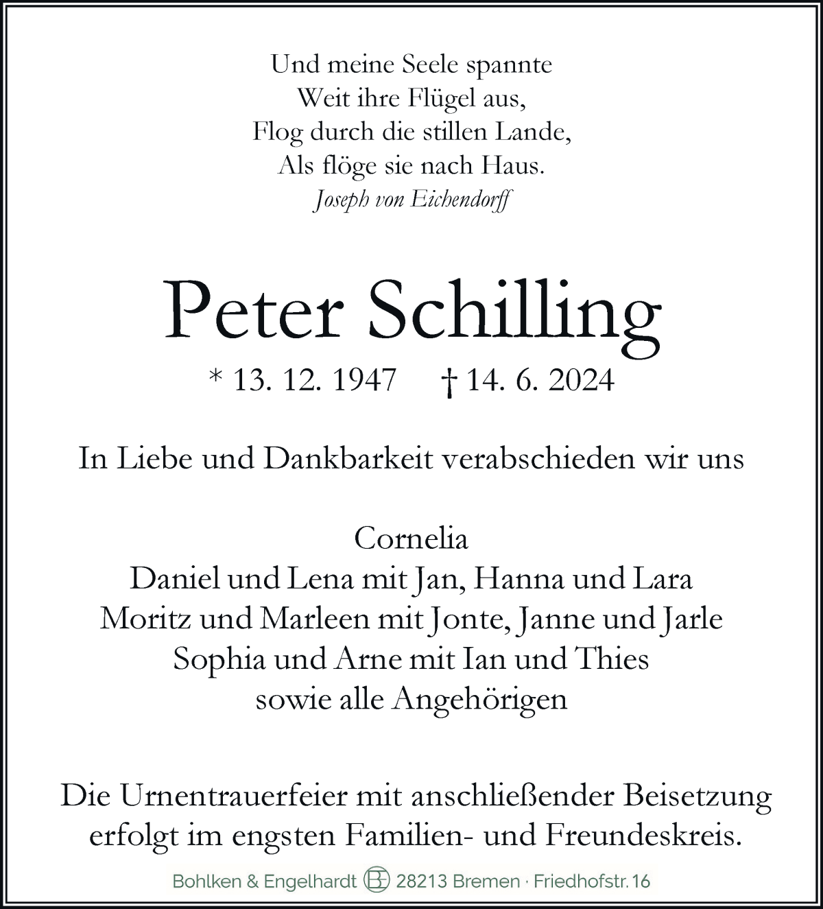 Traueranzeige von Peter Schilling von WESER-KURIER