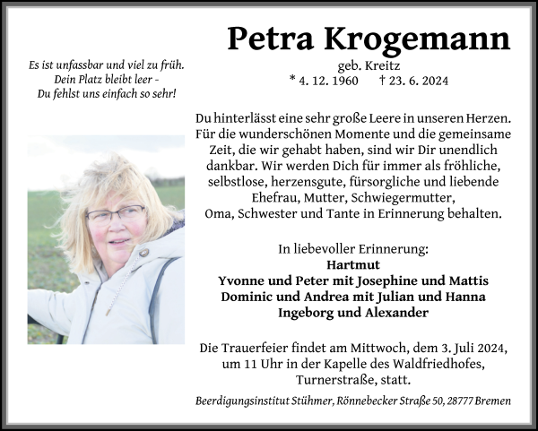 Traueranzeige von Petra Krogemann von Die Norddeutsche