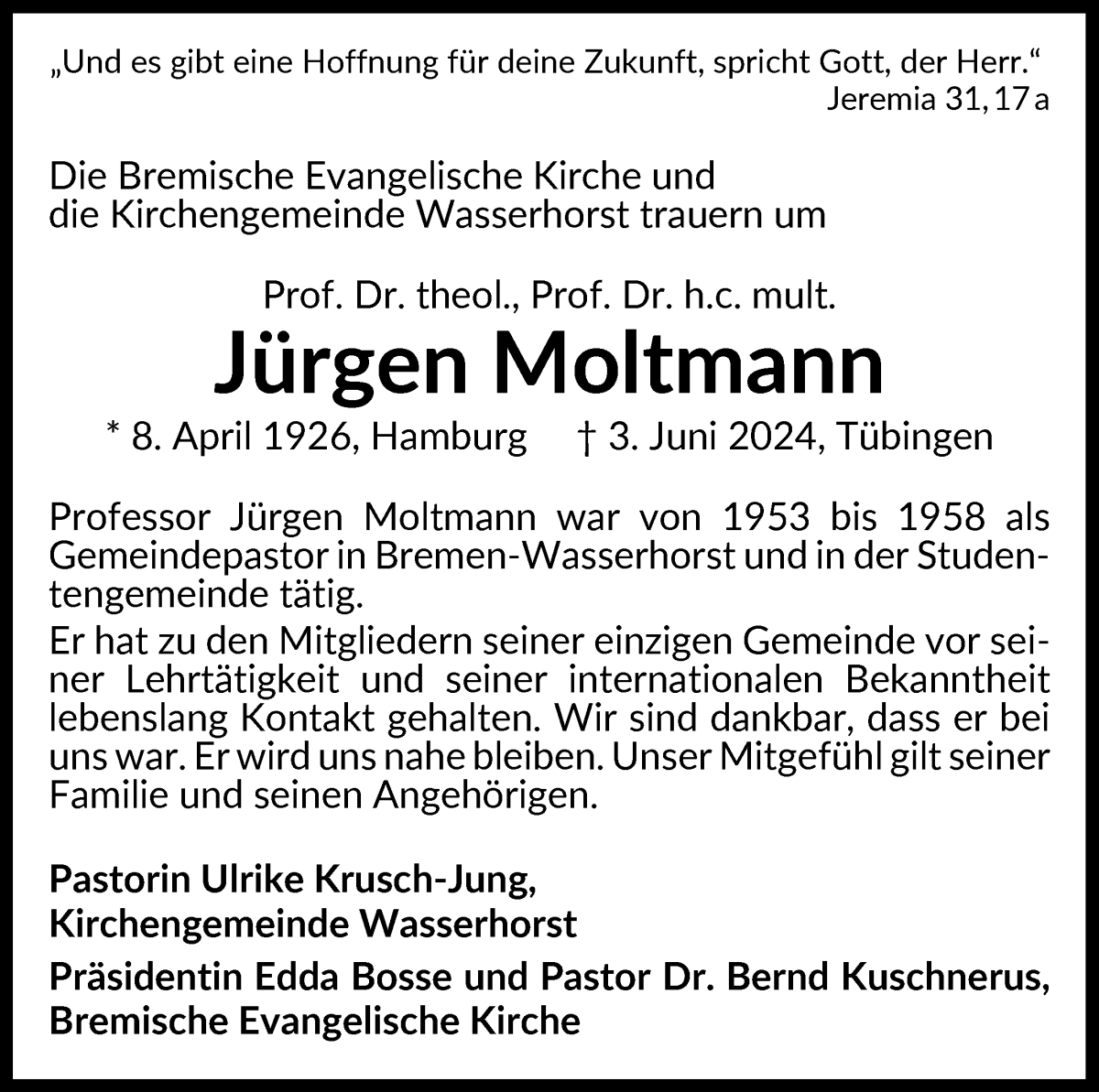 Traueranzeige von Prof. Dr. theol. Prof. Dr. h.c. mult. Jürgen Moltmann von WESER-KURIER