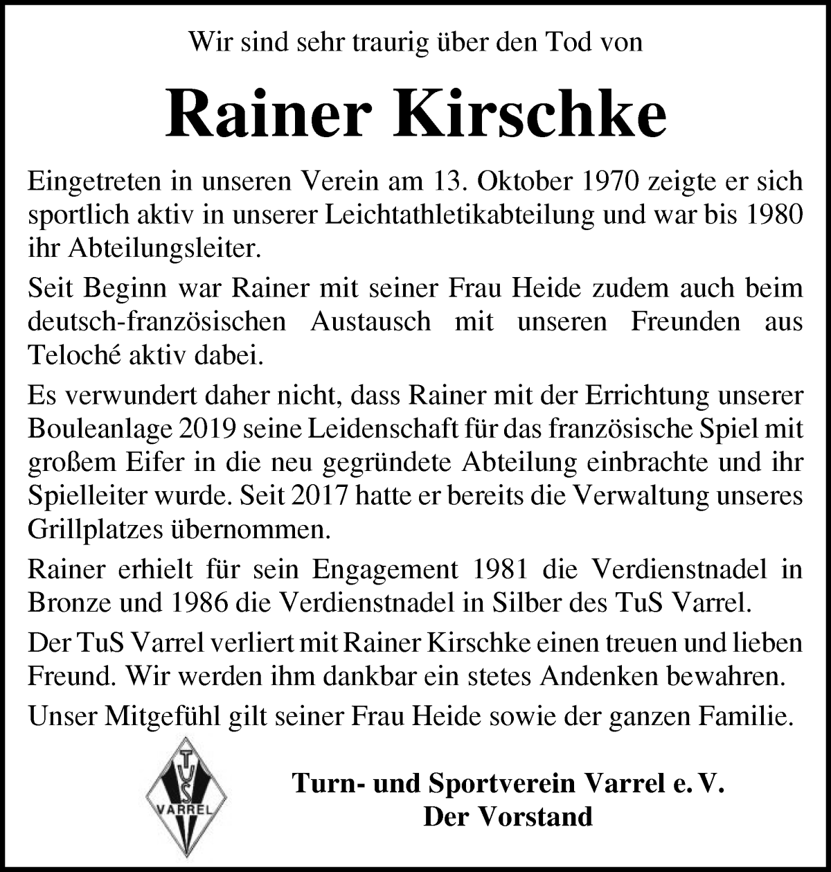 Traueranzeige von Rainer Kirschke von Regionale Rundschau/Syker Kurier