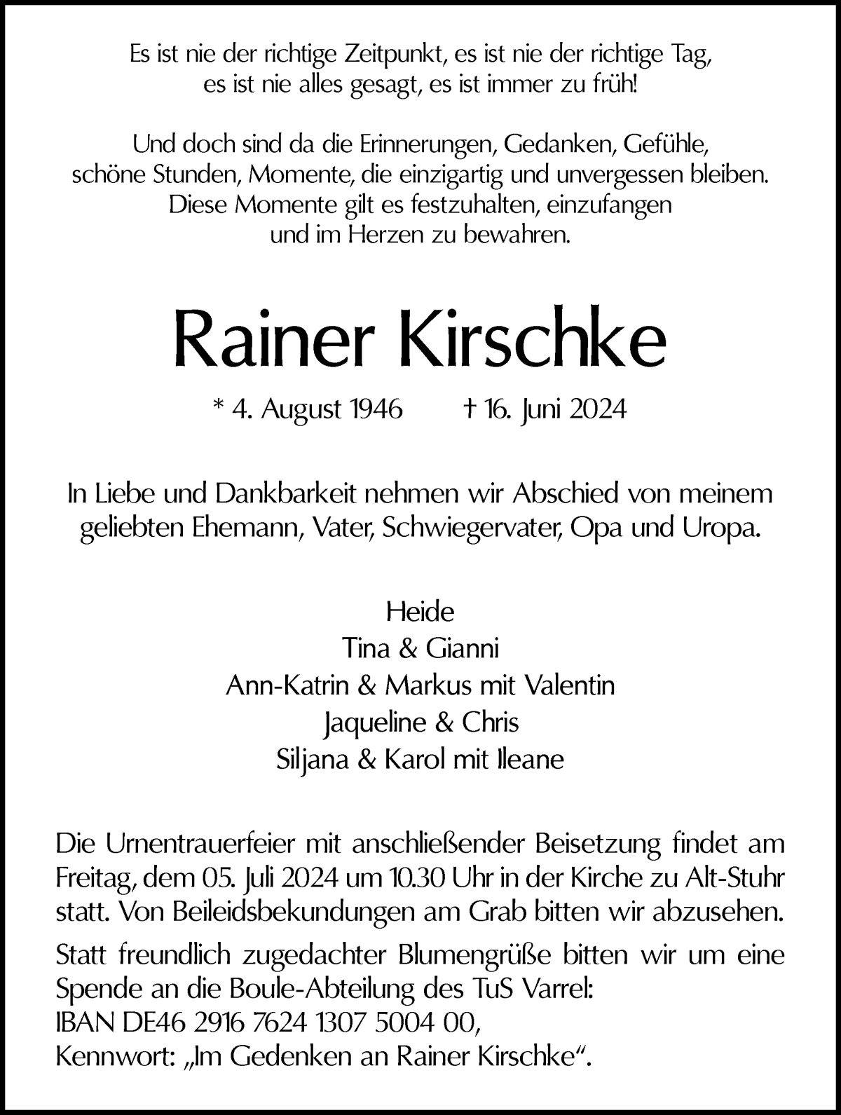Traueranzeige von Rainer Kirschke von WESER-KURIER