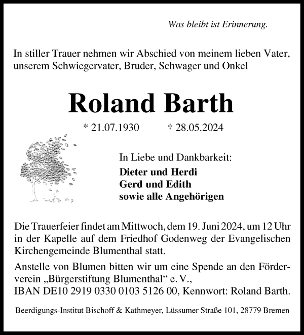 Traueranzeige von Roland Barth von Die Norddeutsche