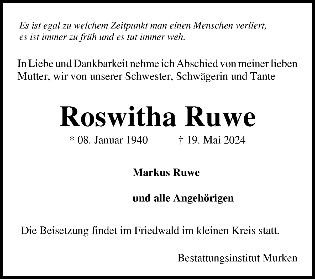 Traueranzeige von Roswitha Ruwe von WESER-KURIER