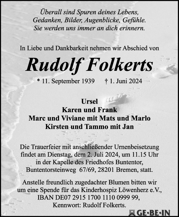 Traueranzeige von Rudolf Folkerts von WESER-KURIER