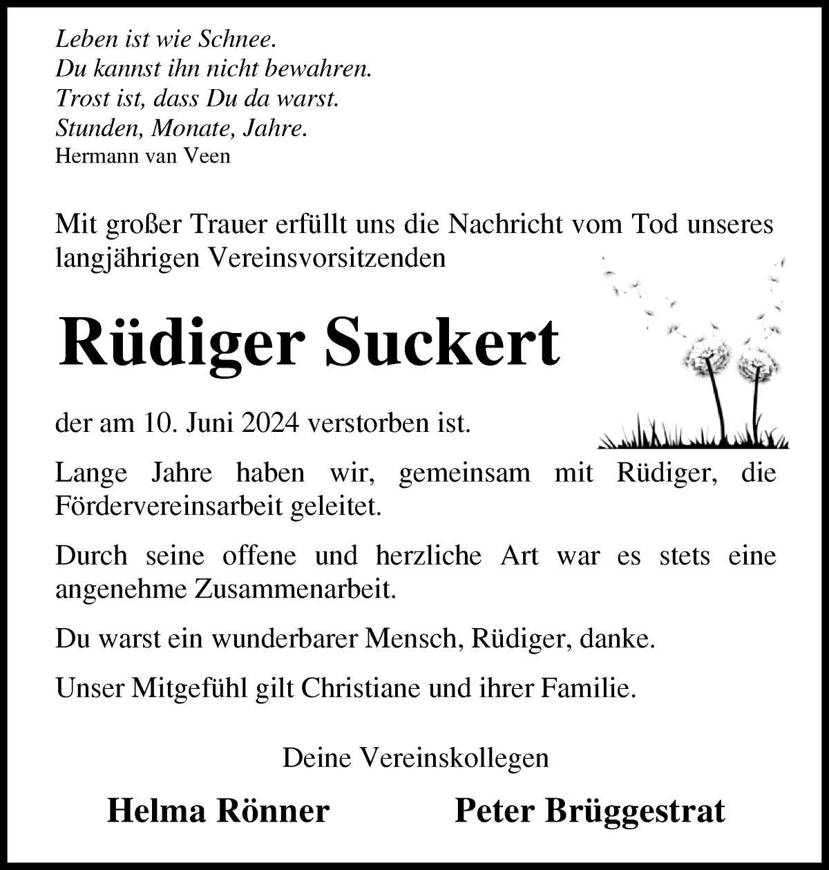  Traueranzeige für Rüdiger Suckert vom 15.06.2024 aus Osterholzer Kreisblatt