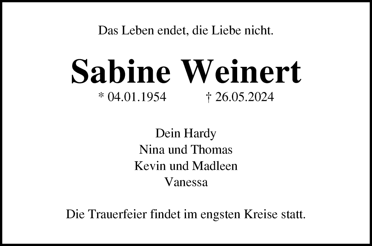  Traueranzeige für Sabine Weinert vom 01.06.2024 aus WESER-KURIER