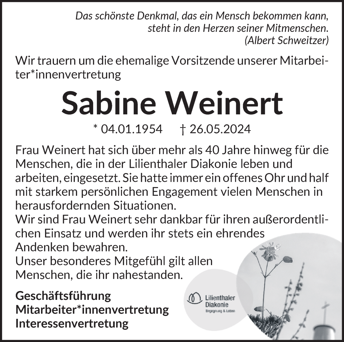 Traueranzeige von Sabine Weinert von Wuemme Zeitung