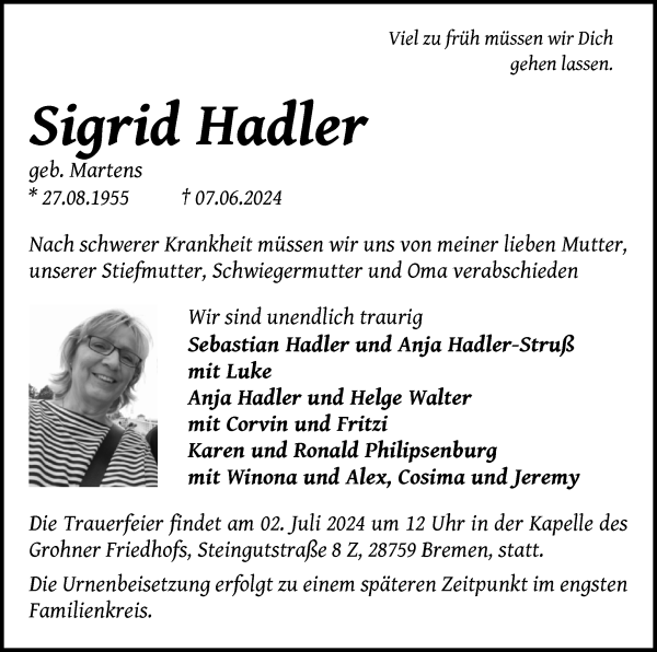 Traueranzeige von Sigrid Hadeler von WESER-KURIER
