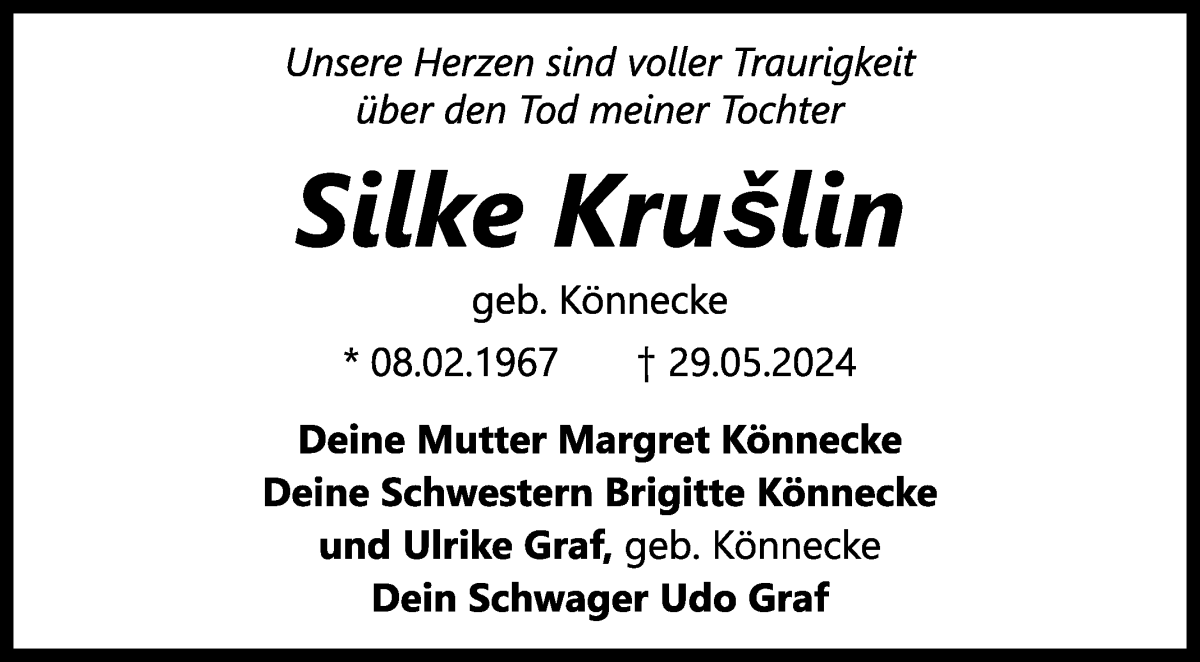  Traueranzeige für Silke Kruslin vom 04.06.2024 aus WESER-KURIER