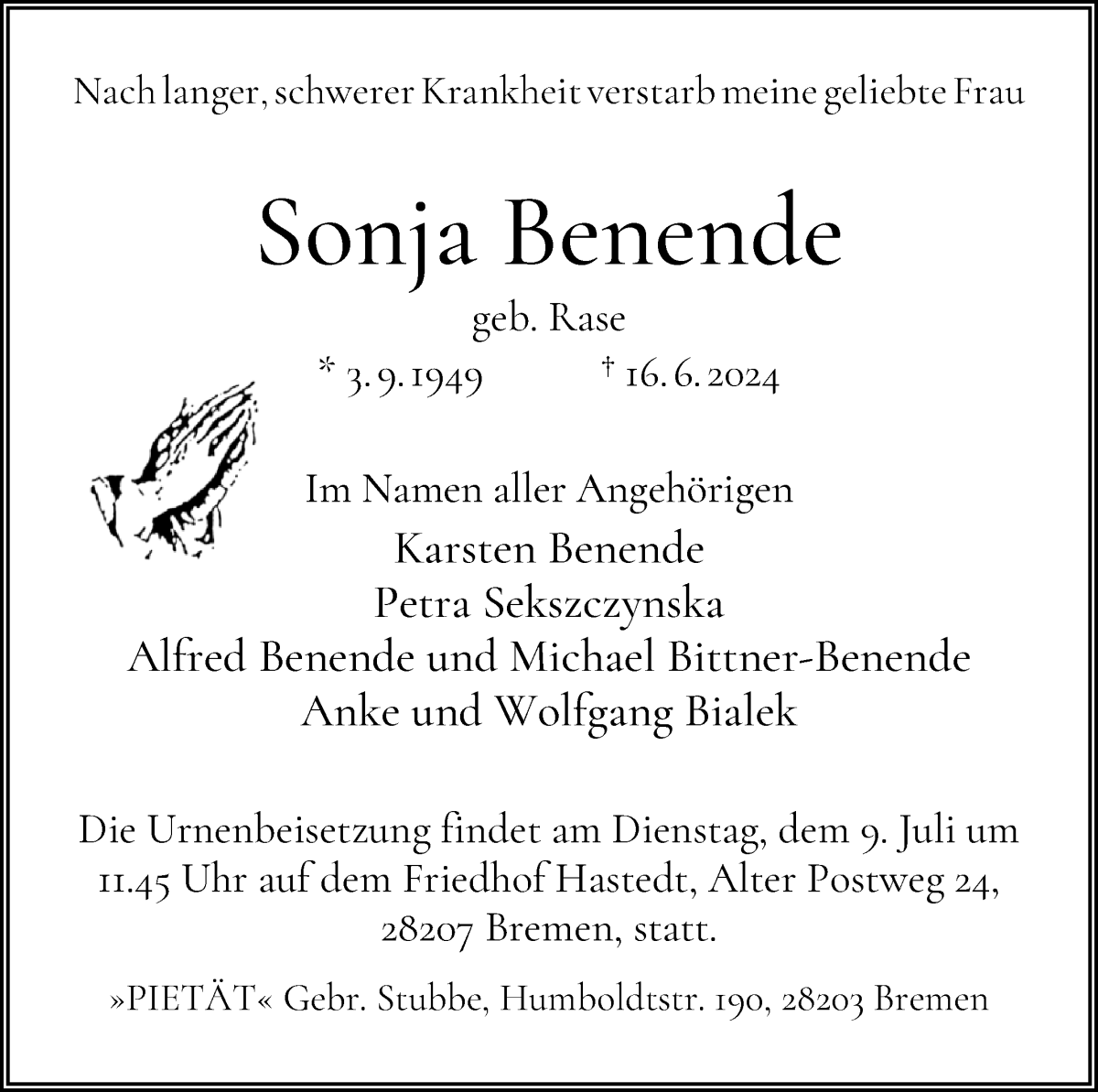 Traueranzeige von Sonja Benende von WESER-KURIER