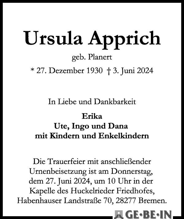 Traueranzeige von Ursula Apprich von WESER-KURIER