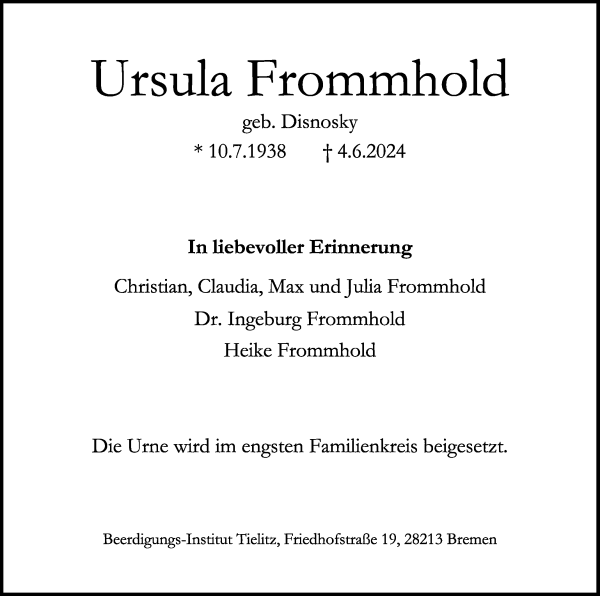 Traueranzeige von Ursula Frommhold von WESER-KURIER
