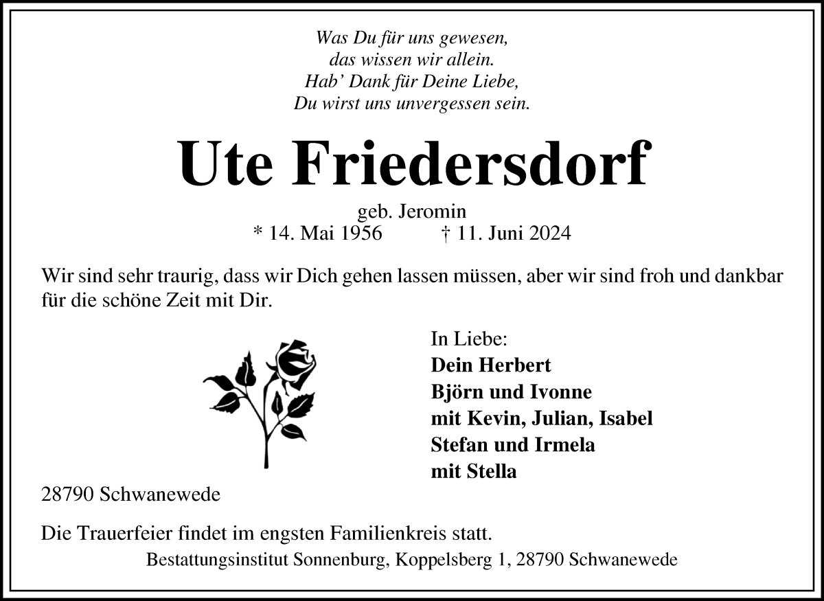  Traueranzeige für Ute Friedersdorf vom 22.06.2024 aus Die Norddeutsche