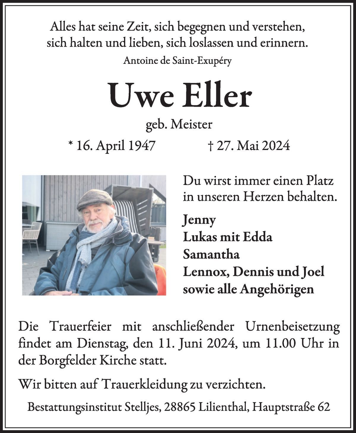  Traueranzeige für Uwe Eller vom 01.06.2024 aus Wuemme Zeitung