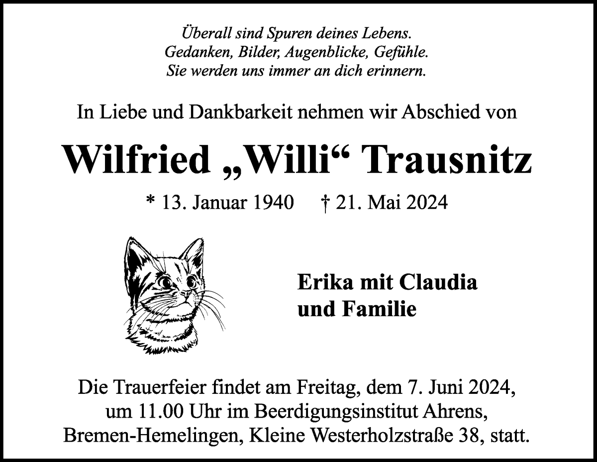 Traueranzeige von Wilfried Trausnitz von WESER-KURIER