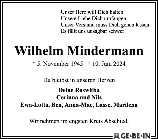 Traueranzeige von Wilhelm Mindermann von WESER-KURIER