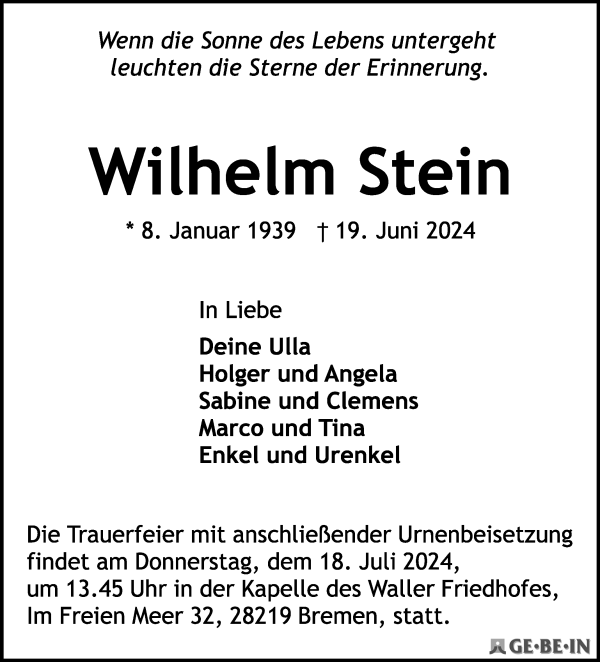 Traueranzeige von Wilhelm Stein von WESER-KURIER