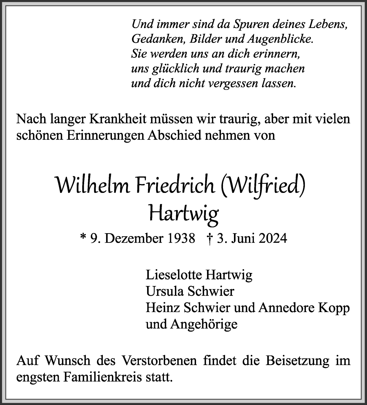 Traueranzeige von Wilhelm Friedrich Hartwig von WESER-KURIER
