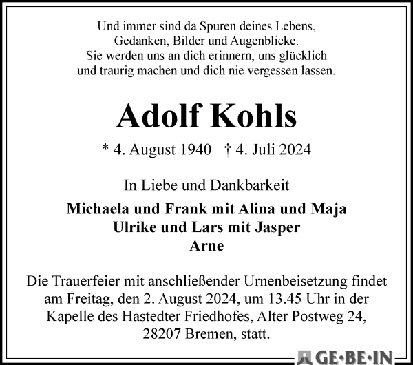 Traueranzeige von Adolf Kohls von WESER-KURIER