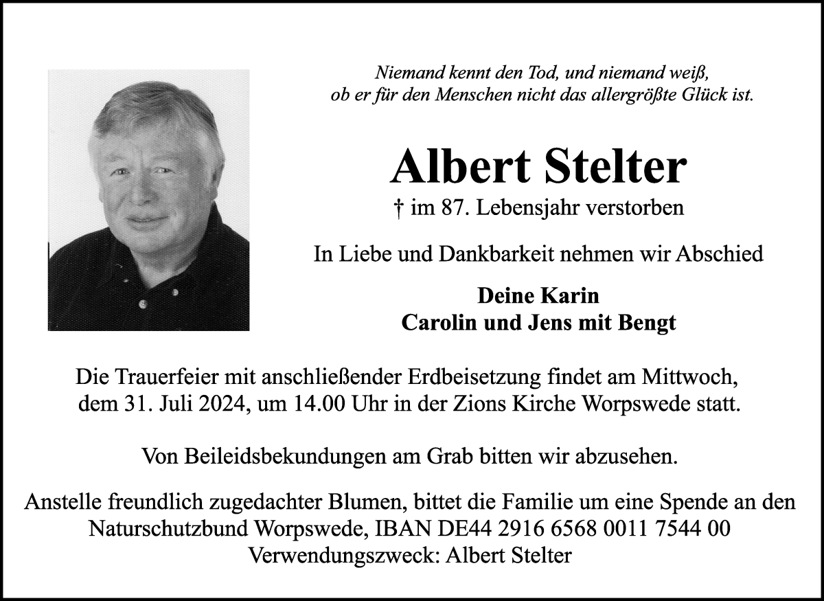 Traueranzeige von Albert Stelter von Wuemme Zeitung