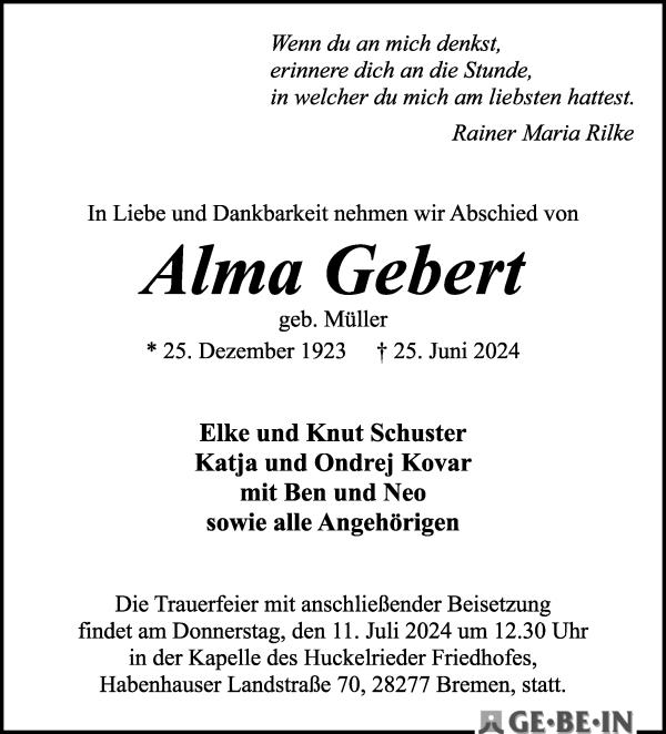 Traueranzeige von Alma Gebert von WESER-KURIER
