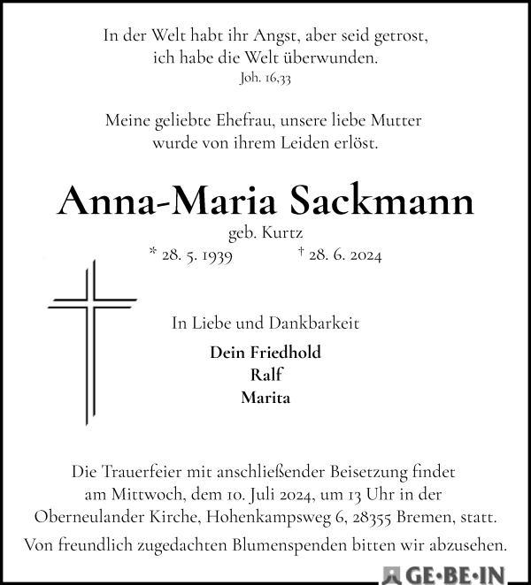 Traueranzeige von Anna-Maria Sackmann von WESER-KURIER