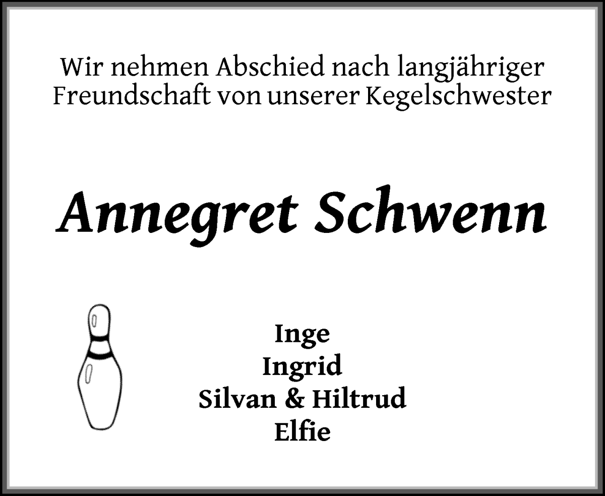 Traueranzeige von Annegret Schwenn von WESER-KURIER