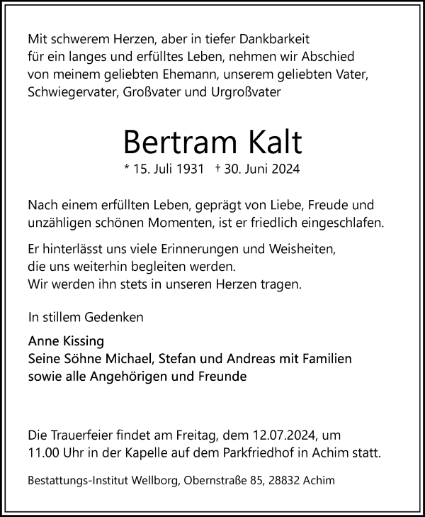Traueranzeige von Bertram Kalt von Achimer Kurier/Verdener Nachrichten