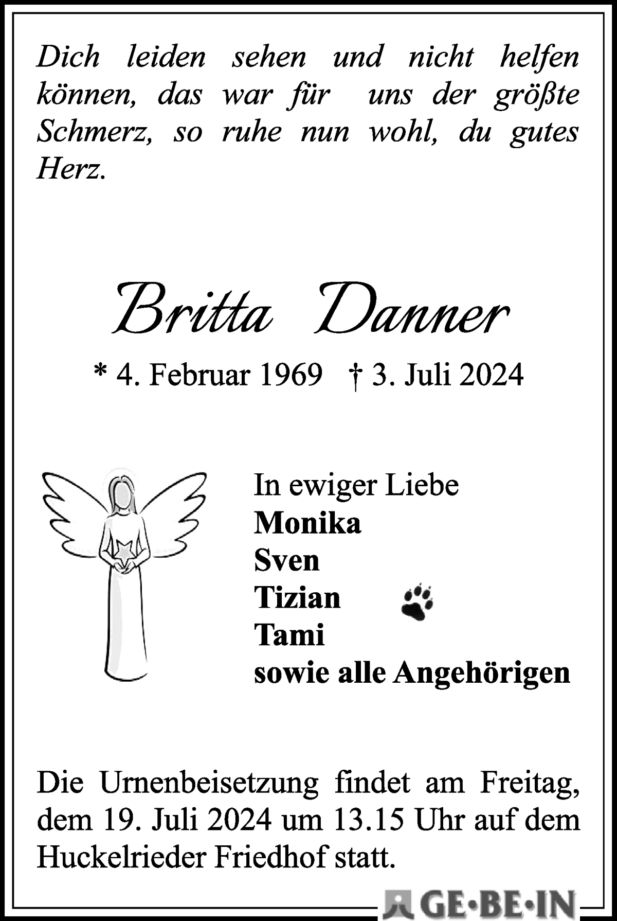  Traueranzeige für Britta Danner vom 13.07.2024 aus WESER-KURIER