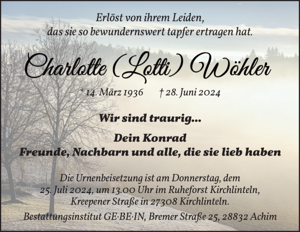 Traueranzeige von Charlotte (Lotti) Wöhler von WESER-KURIER