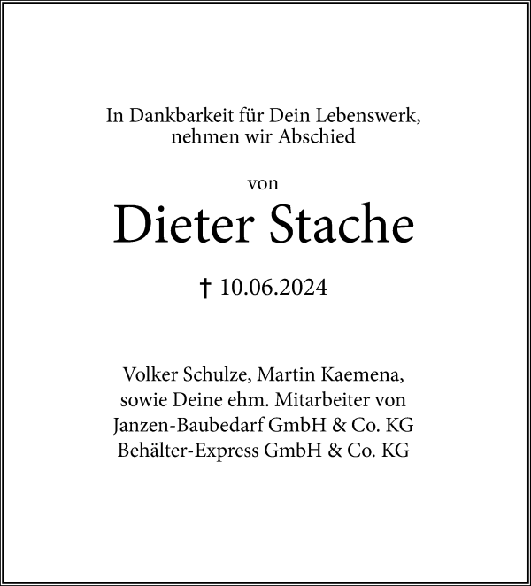 Traueranzeige von Dieter Stache