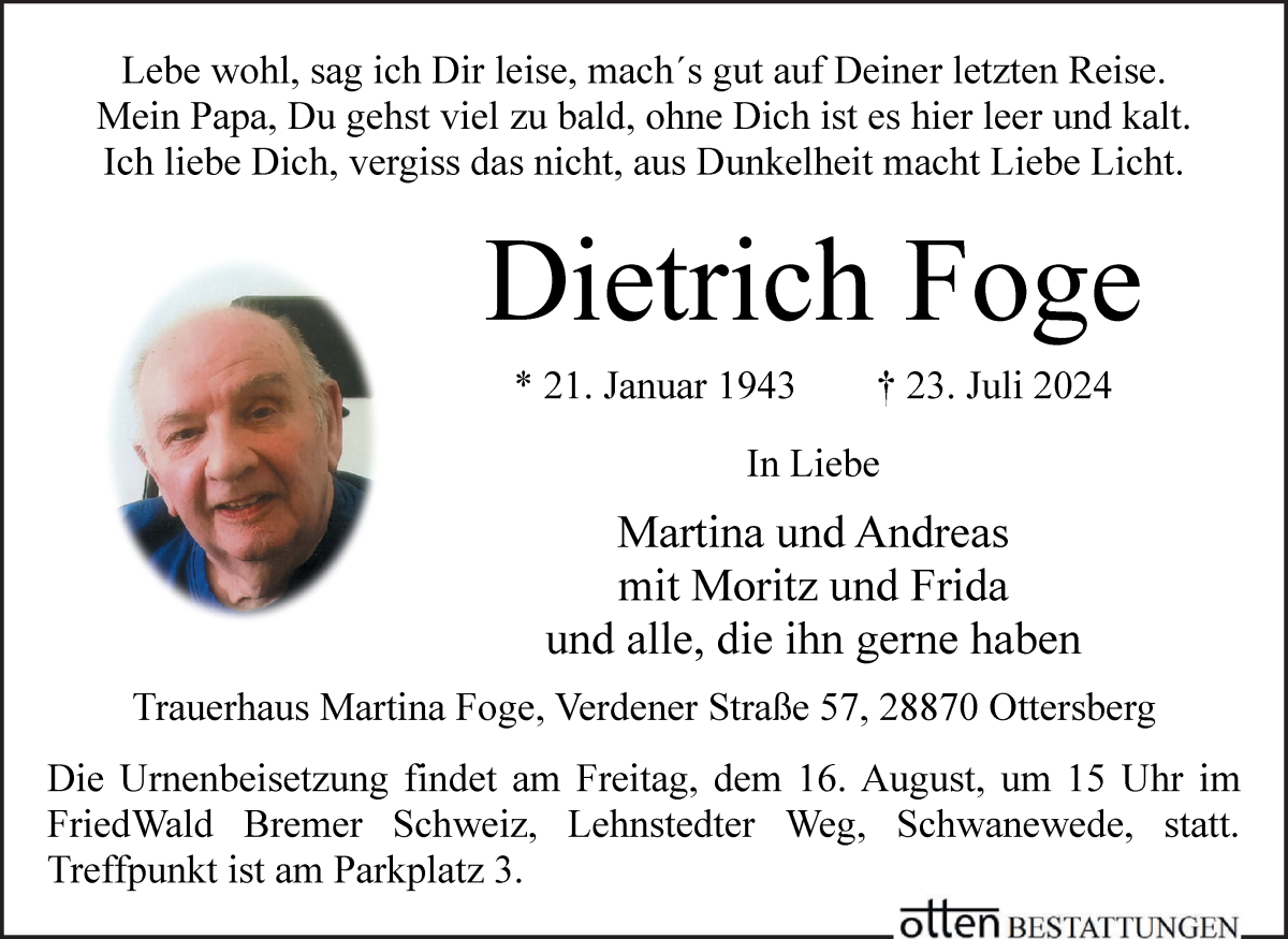 Traueranzeige von Dietrich Foge von Osterholzer Kreisblatt