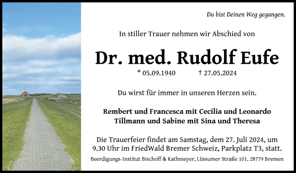 Traueranzeige von Dr. Rudolf Eufe von Die Norddeutsche