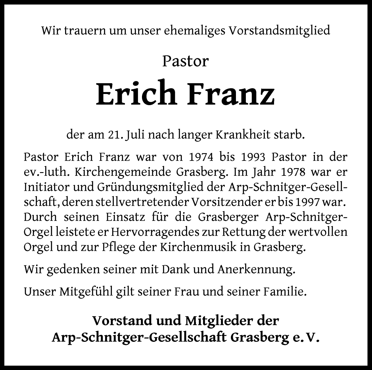 Traueranzeige von Erich Franz von Wuemme Zeitung