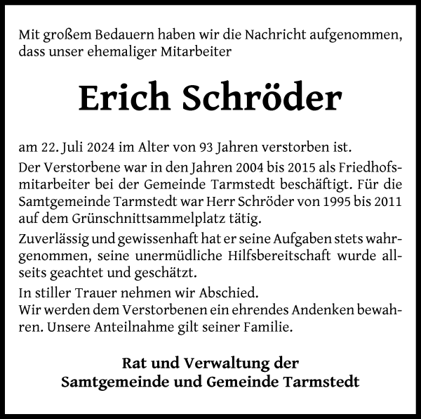 Traueranzeige von Erich Schröder von Wuemme Zeitung