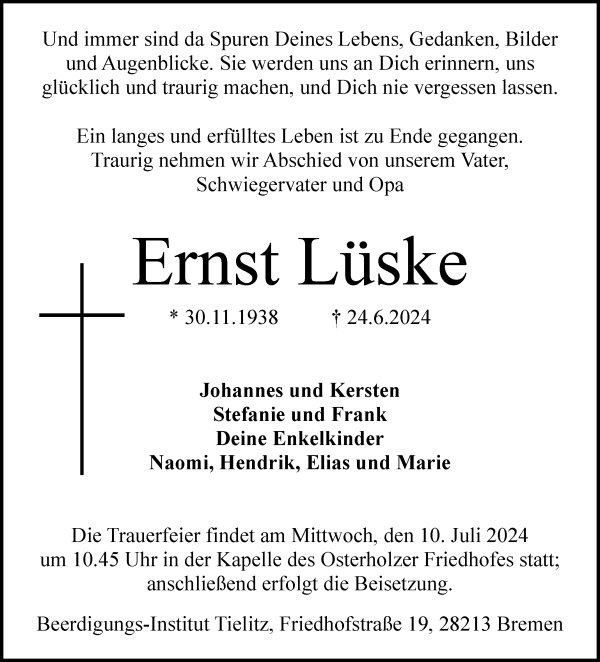 Traueranzeige von Ernst Lüske von WESER-KURIER