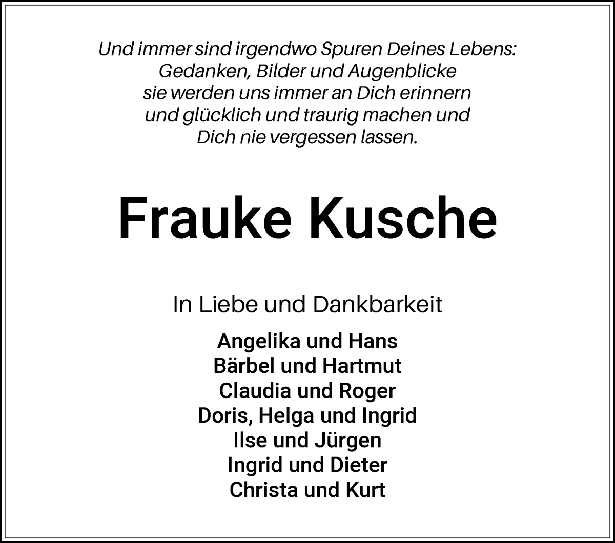 Traueranzeige von Frauke Kusche von Die Norddeutsche