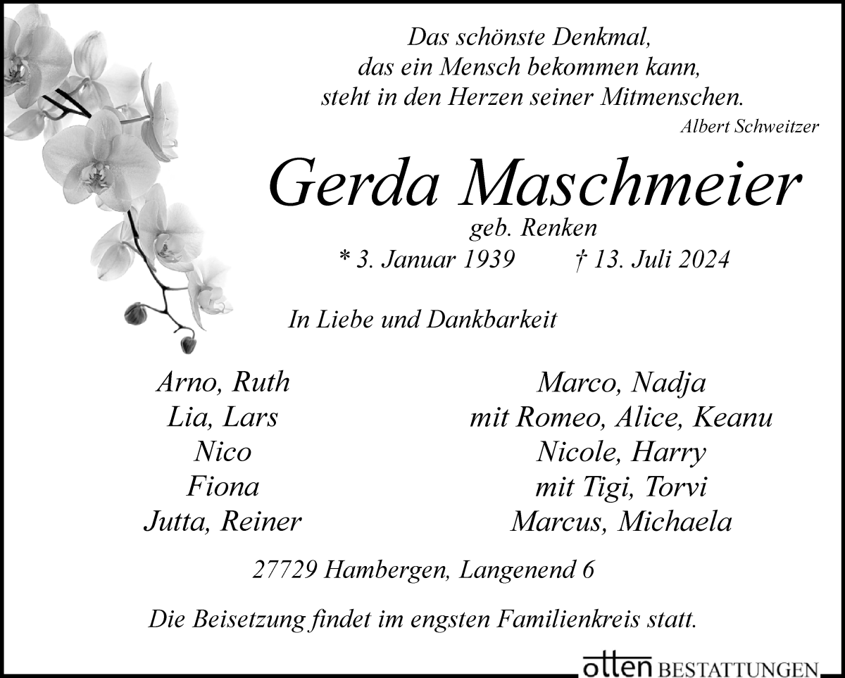 Traueranzeige von Gerda Maschmeier von Osterholzer Kreisblatt