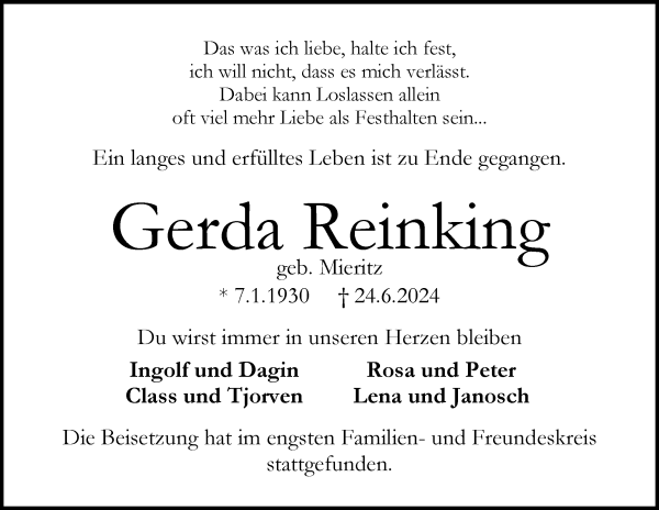 Traueranzeige von Gerda Reinking